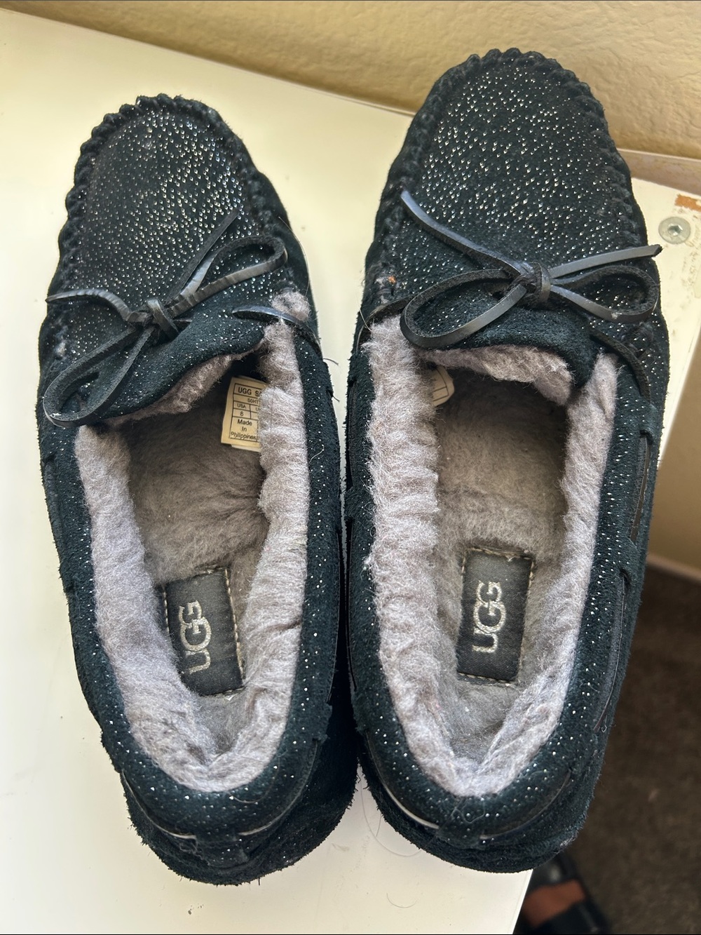 UGG Black Sparkle Suede Moccasin Slippers with Gray Shearling